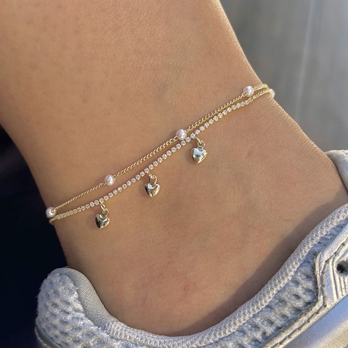 İkili İnci - Kalp Detaylı Halhal resmi