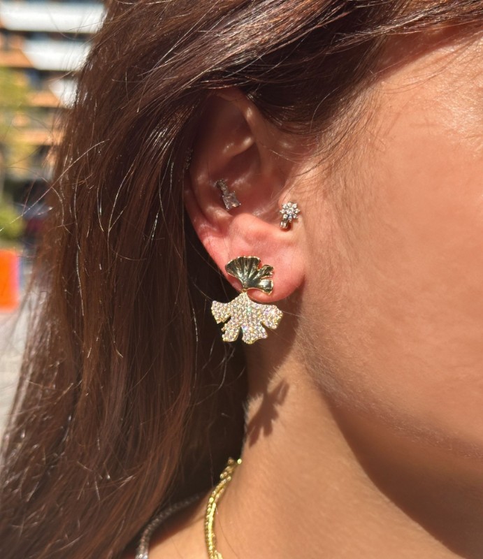 Yaprak Mini Taşlı Küpe Gold resmi