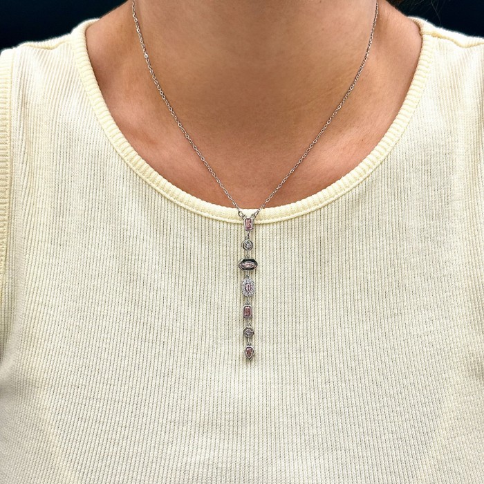 Çelik Pembe Taş Tasarım Silver Kolye resmi