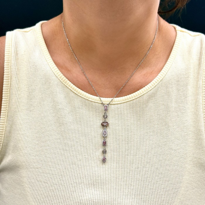 Çelik Pembe Taş Tasarım Silver Kolye resmi