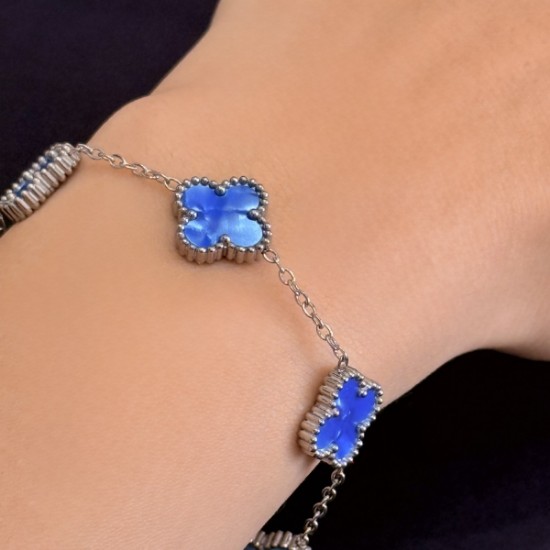 Mavi Dört Yapraklı Taşlı Bileklik Çelik resmi