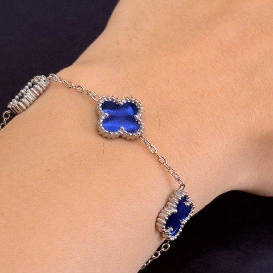 Lacivert Dört Yapraklı Taşlı Bileklik Çelik resmi