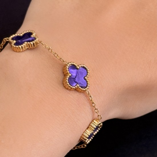 Mor Dört Yapraklı Taşlı Bileklik (Altın Detaylı) Çelik resmi