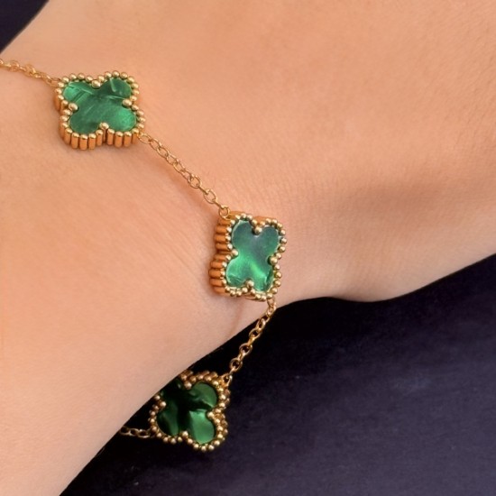 Yeşil Dört Yapraklı Taşlı Bileklik (Altın Detaylı) Çelik resmi