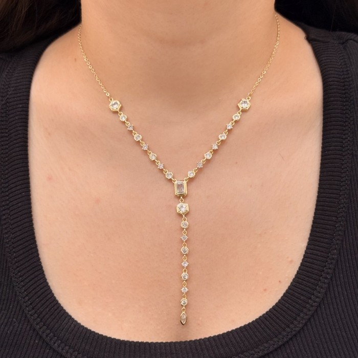 Taşlı Y Form Gold Kolye resmi