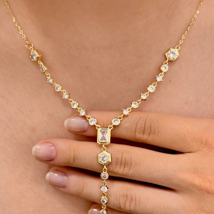 Taşlı Y Form Gold Kolye resmi