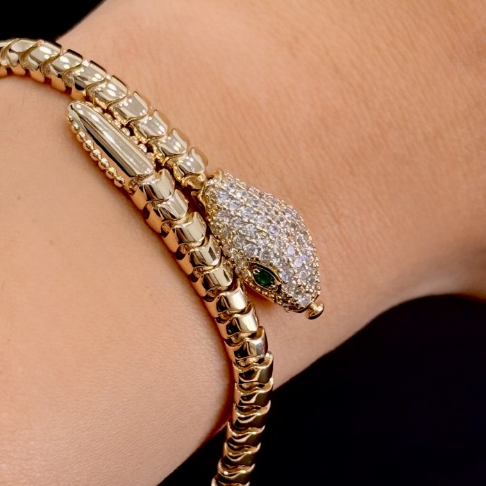 Yılan Bilezik – Altın Ton, Pavé Baş & Düz Gövde resmi