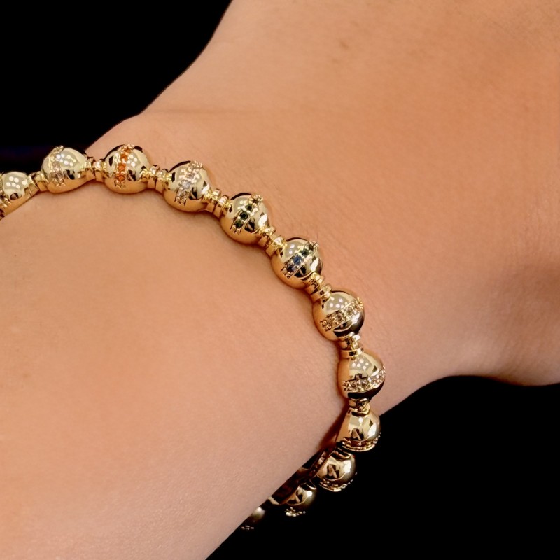 Küre Boncuk & Mikro Taş Şeritli Bileklik – Altın Tonlu İthal resmi