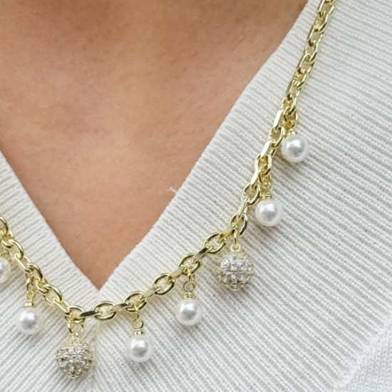 İnci ve Taş Detaylı Zincir Kolye resmi