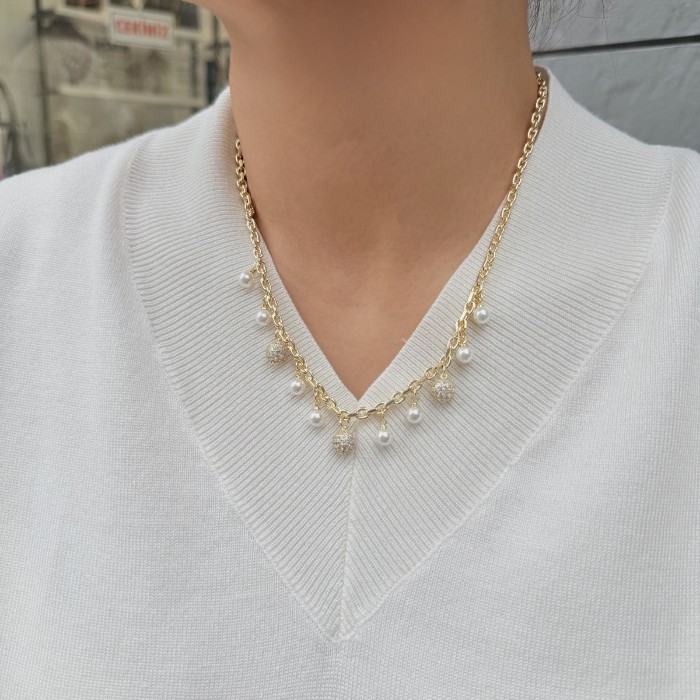 İnci ve Taş Detaylı Zincir Kolye resmi