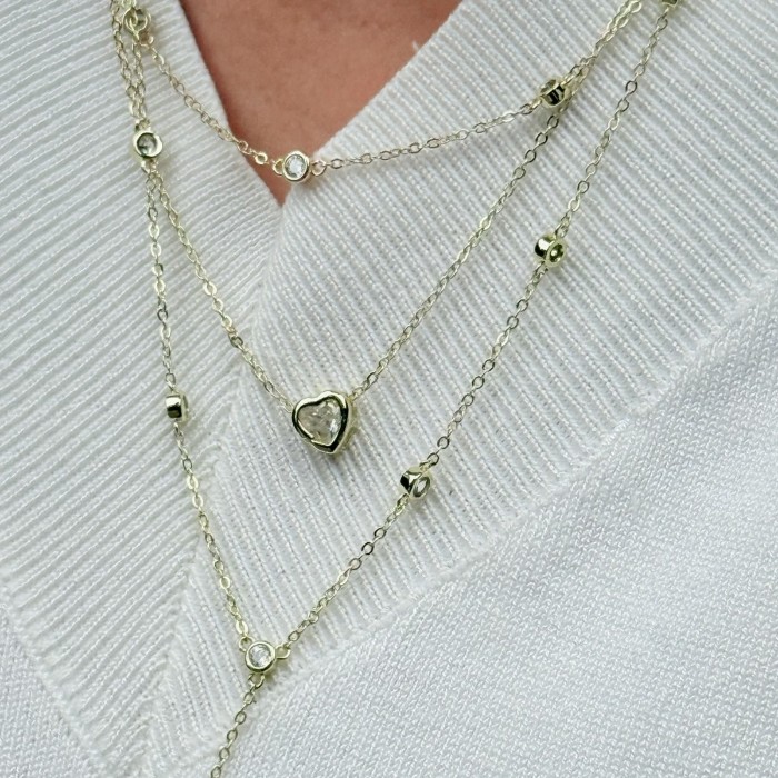 Katmanlı Kalp ve Taşlı Uzun Kolye resmi