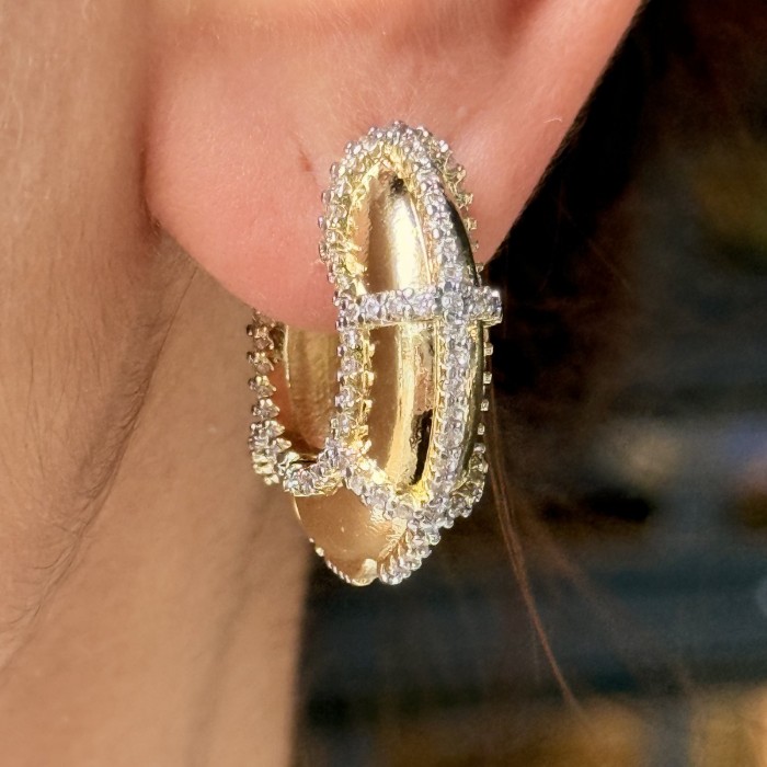 Gümüş taş çizgili Oval Taşlı Küpe resmi