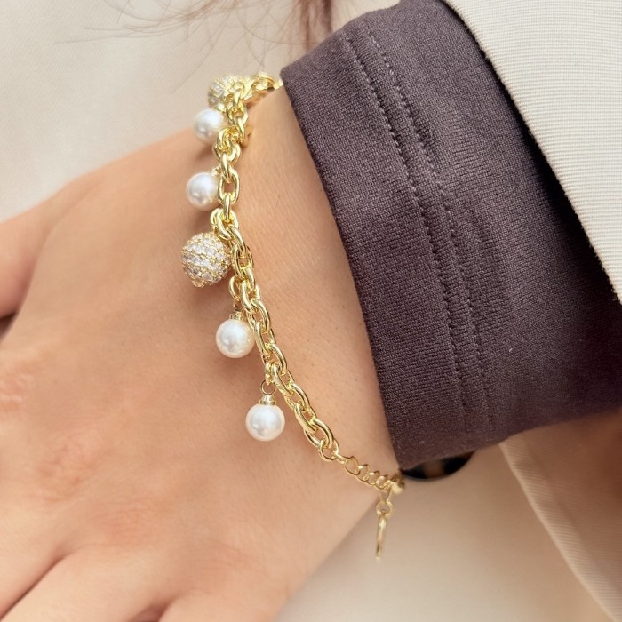 İnci ve Taş Detaylı Altın Bileklik resmi