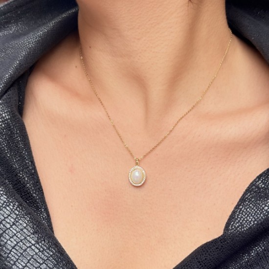 Opal Taşlı Oval Kolye – Gold resmi