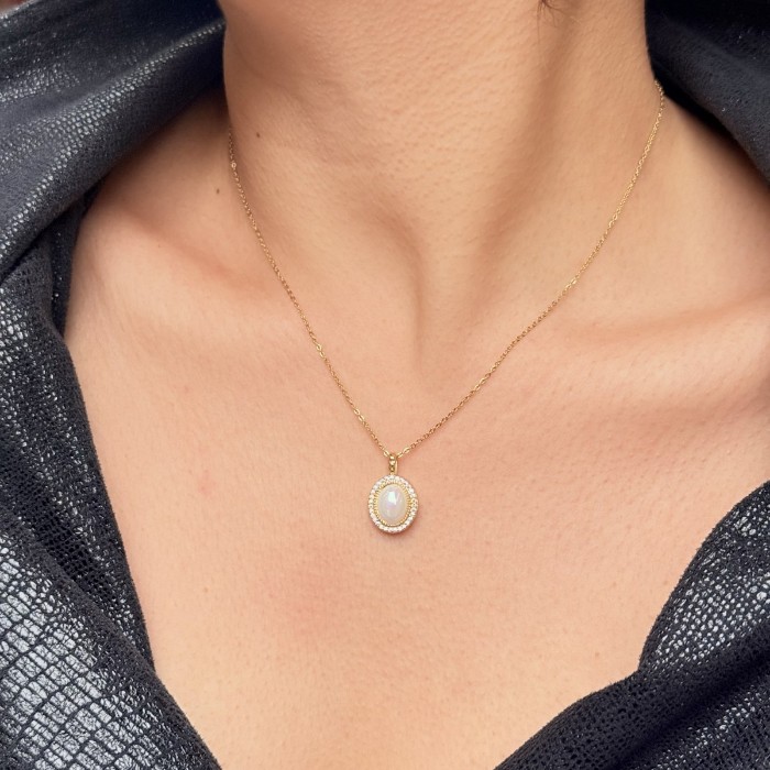 Opal Taşlı Oval Kolye – Gold resmi