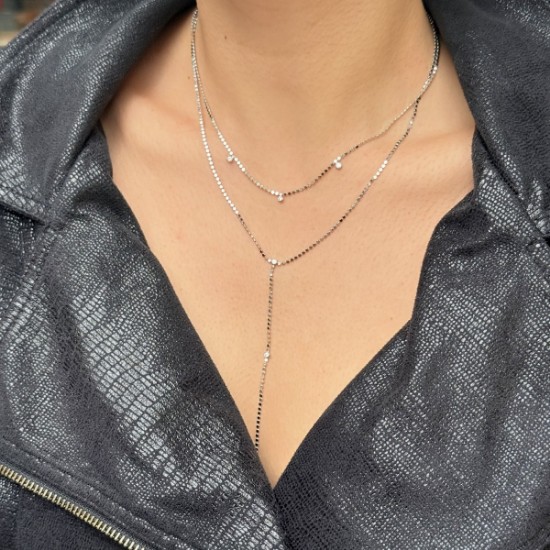 Çift Katlı Taşlı Kolye – Gümüş Renk resmi