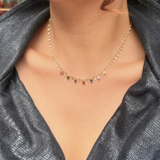 Renkli Taşlı Choker Kolye – Gold resmi