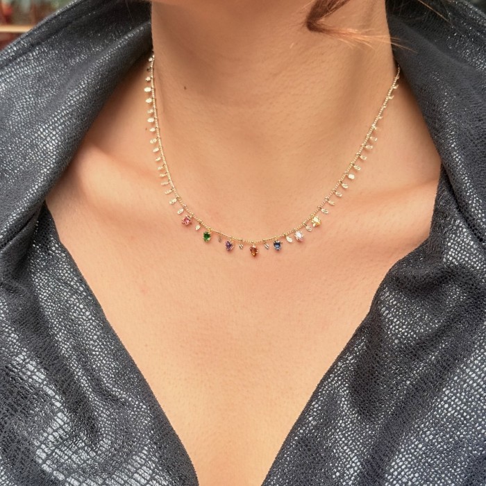 Renkli Taşlı Choker Kolye – Gold resmi