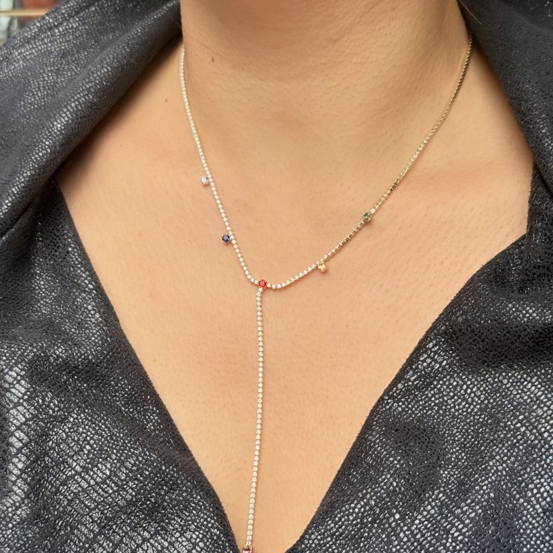 Renkli Taşlı Uzun Zincir Kolye – Gold resmi